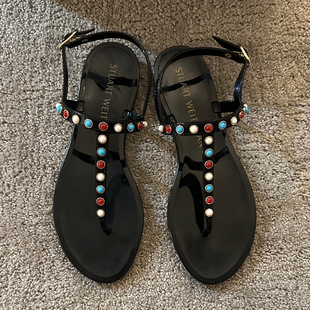 Stuart Weitzman Black Jeweled T-Strap Sandals